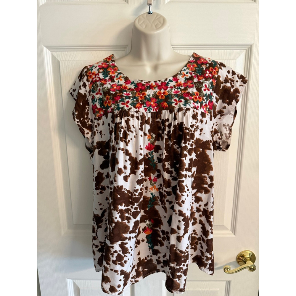 Savanna Jane floral cow print flowy shirt sz S Boho Western Casual